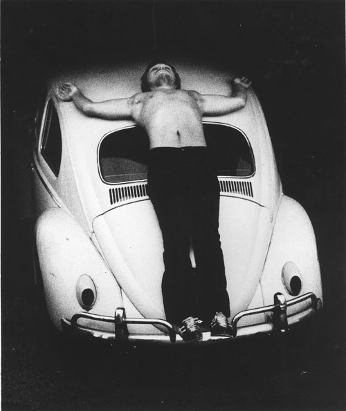 Chris Burden. Trans-fixed, 1974. Performance on Speedway Avenue, Venice, California, April 23, 1974. Photograph: Courtesy the artist and Gagosian Gallery